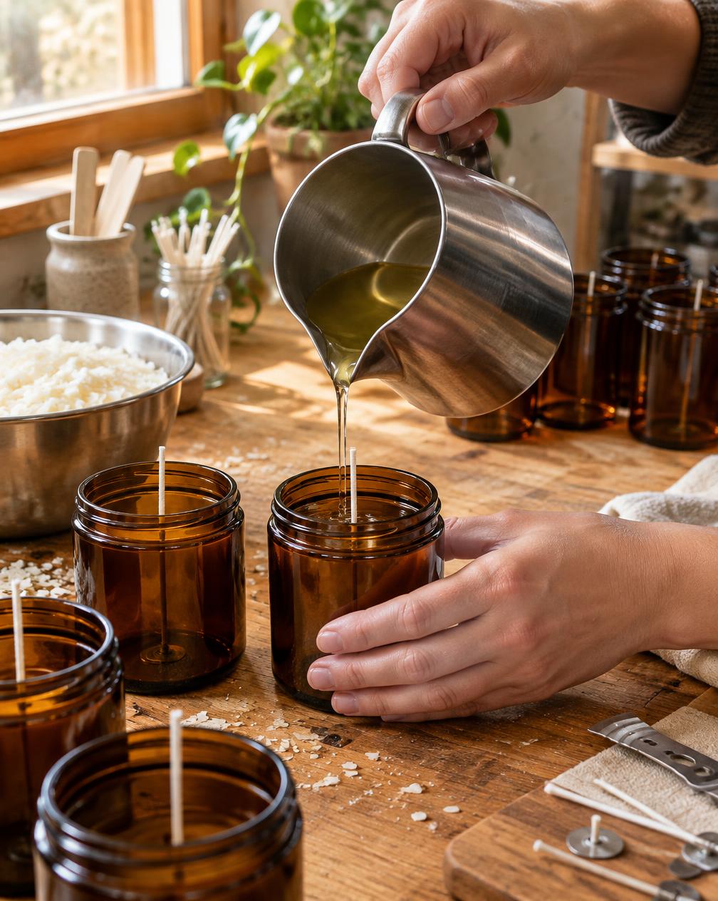 Hands pouring wax into candle jars